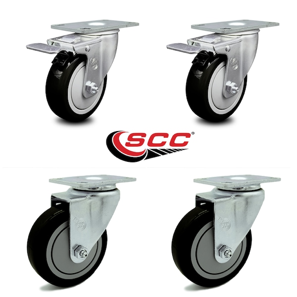 4 Inch Black Polyurethane Wheel Swivel Top Plate Caster Total Lock Brakes, 2PK
